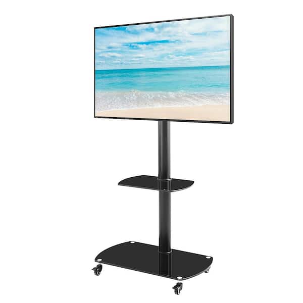 Ahfiwaso Height Adjustable TV Stand Mount for 32 in.-65 in. TVs vwith Lockable Wheels and Tempered Glass Shelves, Black