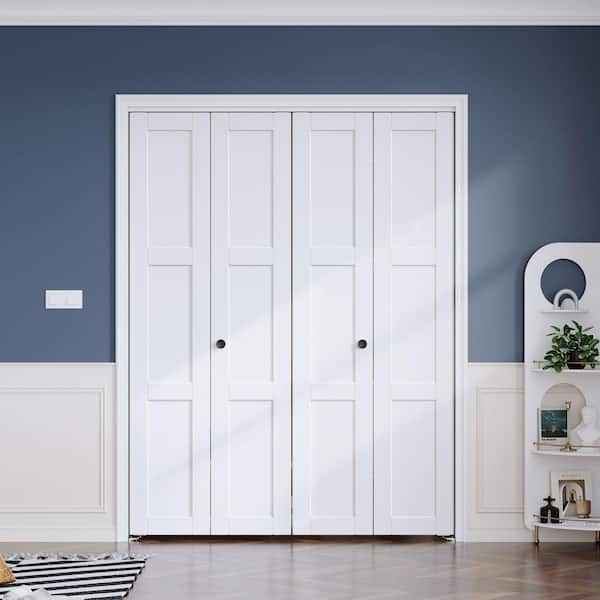 60 in. x 80 in. 3-Lite Panel White Finshed Solid Core Wood Interior Bi-Fold Door with Hardware
