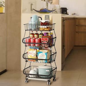 4-Tiers Black Stackable Metal Iron Wire Kitchen Baskets Cart with Rolling Wheels
