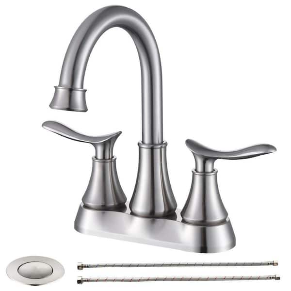 4 in. Centerset 2-Handle 360-Degree Swivel Spout Bathroom Faucet with Drain Kit Included in Brushed Nickel