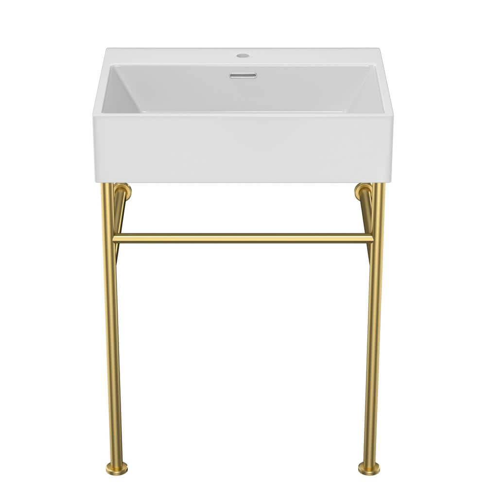 JimsMaison Ceramic Console Sink Basin and Leg Combo with Overflow