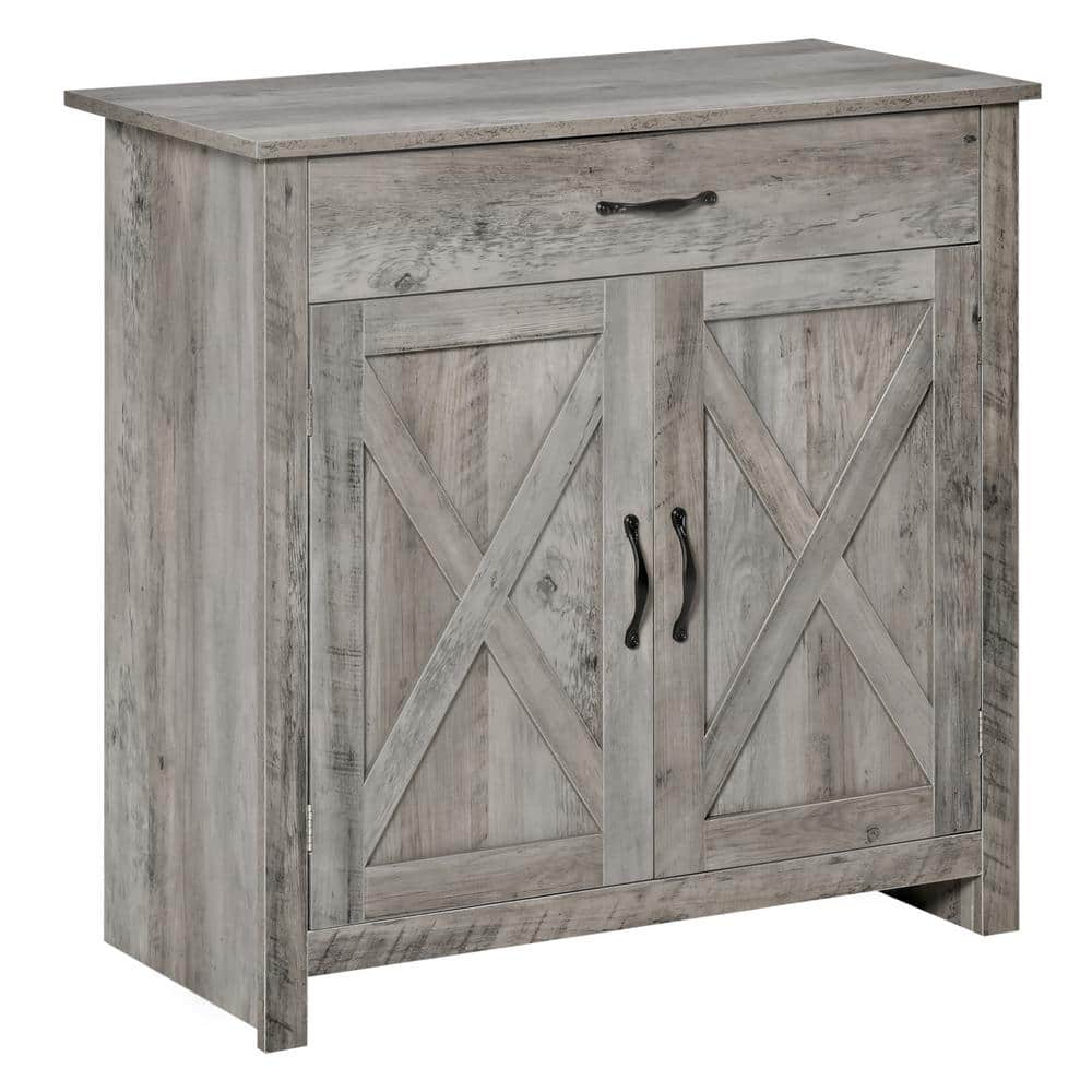 Gray Wash Rustic Farmhouse Barn Door Style Sideboard Cabinet