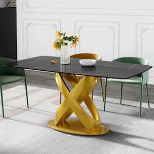 62.99 in. Modern Rectangular Black Sintered Stone Dining Table with Golden Carbon Steel Legs (Seat 6)
