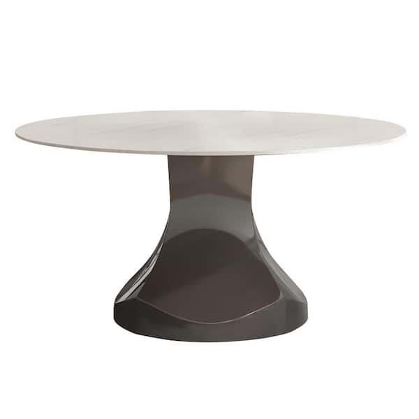 Modern Round White Snow Mountain Stone Tabletop 53.15 in. Gunmetal Grey Stainless Steel Pedestal Dining Table (4 Seats)