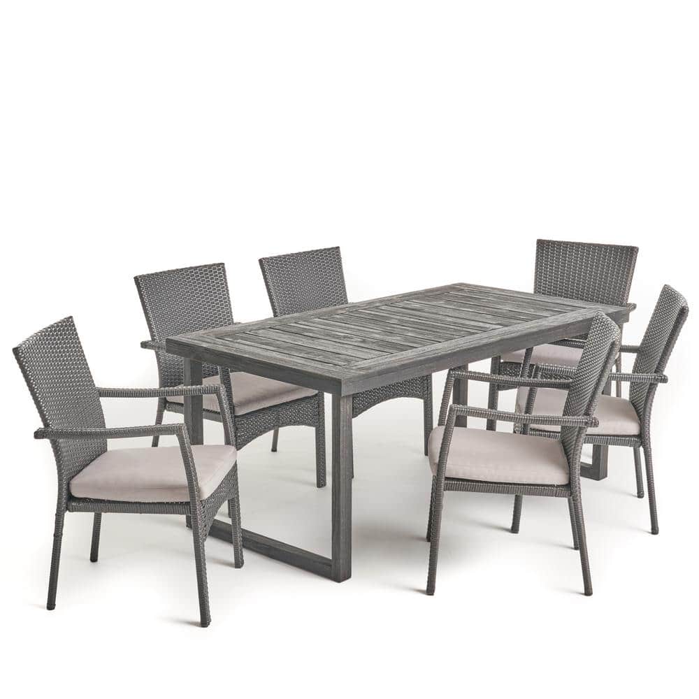 Sandblast Dark Grey 7-Piece Acacia Wood Dining Set with Cushions