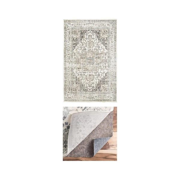 Vintage Tanith Cream 9 ft. x 12 ft. Area Rug and Premium 9 ft. x 12 ft. Non-Slip 0.15 in. Rug Pad Combo
