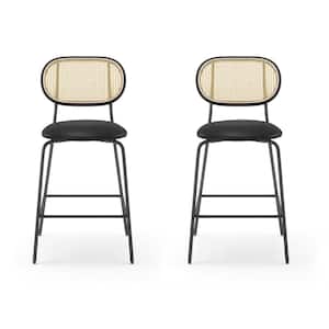 26 in. Black Metal Frame Rattan Counter Height Bar Stools With Faux Leather Seat (Set of 2)