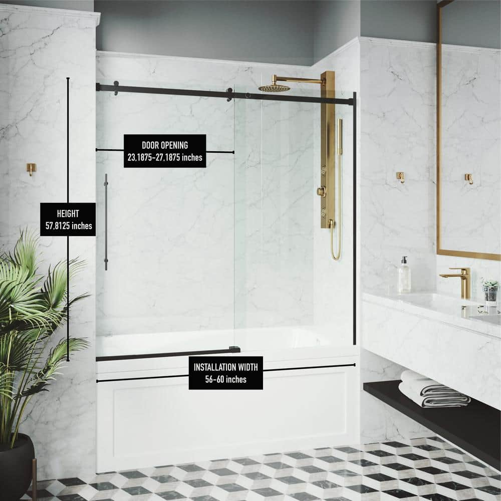 Luca 60" Matte Black Frameless Sliding Tub Door with Clear Glass