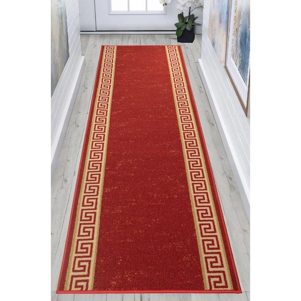 Meander Design Cut to Size Red 26 in. Width x Your Choice Length Custom Size Slip Resistant Stair Runner