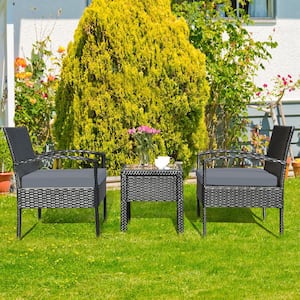 Black 3-Pieces Wicker Patio Conversation Set Rattan Furniture with Gray Cushions