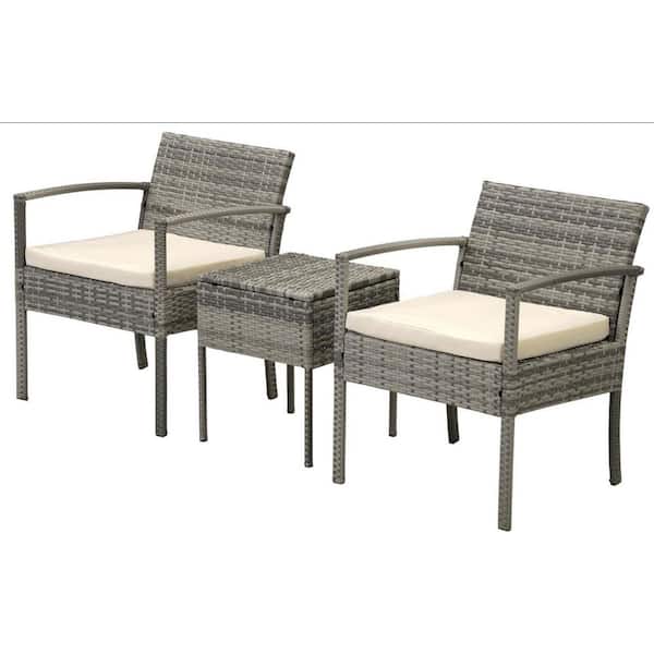Unbranded 3 Pieces Wicker Patio Conversation Seating Set, 2-Arm Chairs and 1-Coffee Table, with Beige Cushions, for Garden