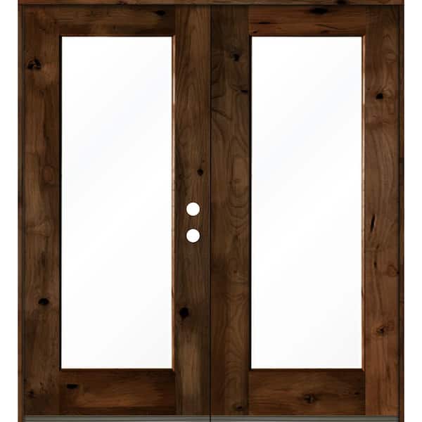 Krosswood Doors 72 in. x 80 in. Rustic Knotty Alder Wood Clear Full-Lite Provincial Stain Left Active Double Prehung Front Door