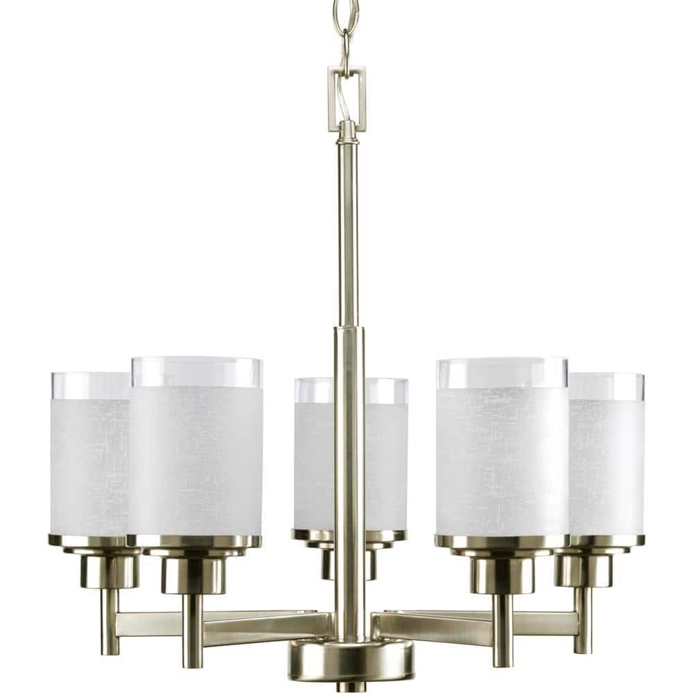 Alexa Collection 5-Light Brushed Nickel Etched Linen With Clear Edge Glass 