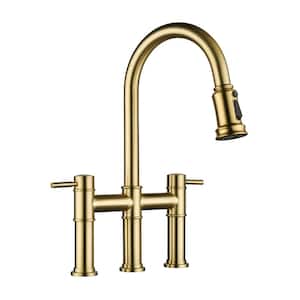 Double Handle Bridge Kitchen Faucet with Pull Down Sprayer in Brushed Gold