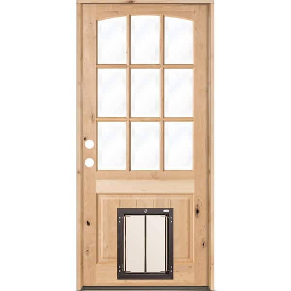 Krosswood Doors 32 in. x 80 in. Knotty Alder Right-Hand/Inswing 9-Lite Clear Glass Unfinished Wood Prehung Front Door w/Large Dog Door