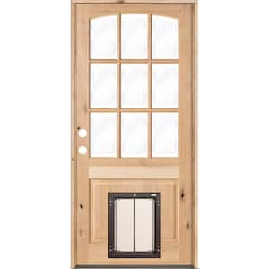 36 in. x 80 in. Right-Hand Arch Top 9 Lite Clear Glass Unfinished Wood Prehung Door with Large Dog Door
