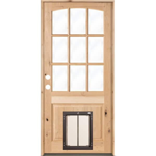 Krosswood Doors 36 in. x 80 in. Right-Hand Arch Top 9 Lite Clear Glass Unfinished Wood Prehung Door with Large Dog Door
