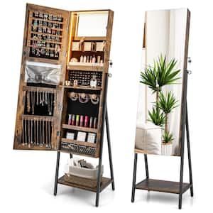 Jewelry Brown Cabinet Armoire 3-Color LED Modes Full-Length Frameless Mirror Lockable
