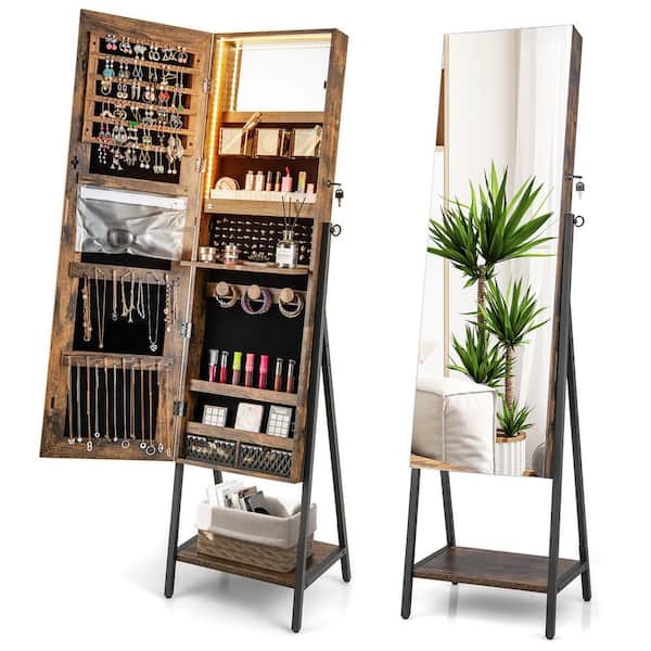 Costway Jewelry Brown Cabinet Armoire 3-Color LED Modes Full-Length Frameless Mirror Lockable