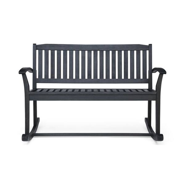 37 in. 2 Person Dark Grey Acacia Wood Outdoor Rocking Bench with Armrests and Backrest for Backyard, Garden