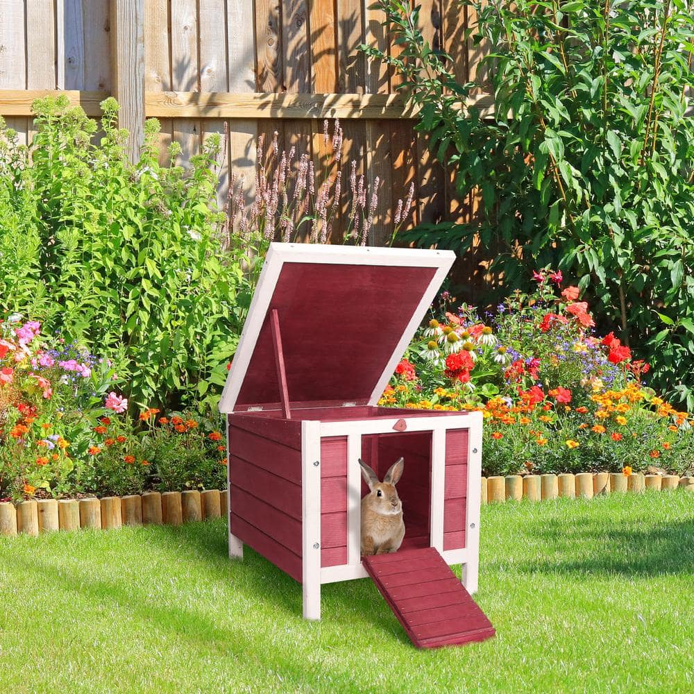 Red and White Wooden Guinea Pig House with Ramp and Roof