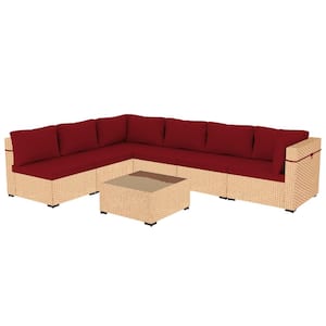 7-Piece Beige Wicker Patio Conversation Set with Red Cushions and Coffee Table