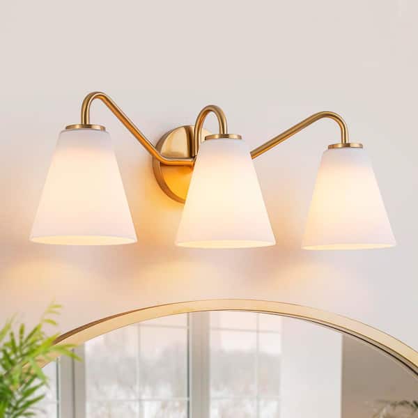 Aria 23.4 in. 3-Light Gold Frosted Glass Vanity Light with Cone Shades for Bathroom