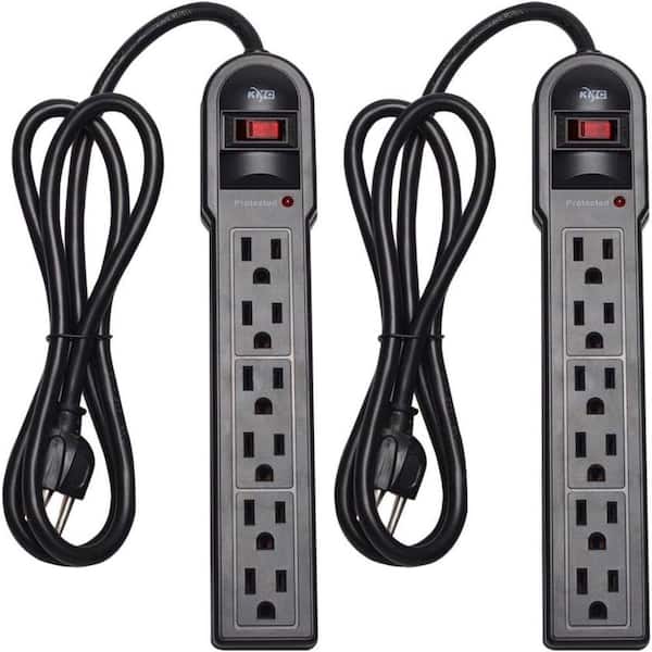 Etokfoks 6-Outlet Power Strip Surge Protector with 900 Joules and 4 ft. Long Extension Cord, Black (2-Pack)