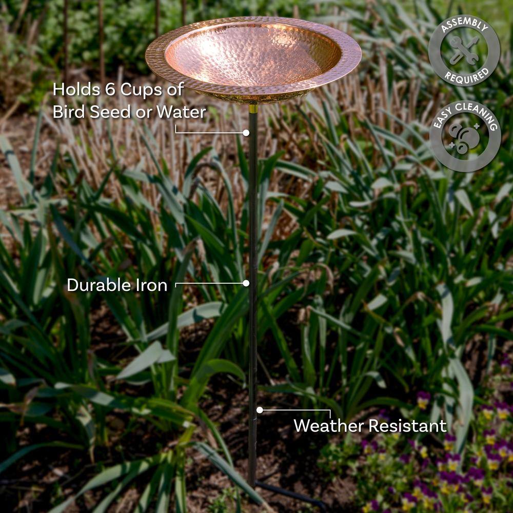 Hand-Hammered Copper Standing Bird Bath with Iron Stake
