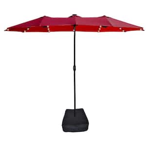 Red 15x9ft Large Metal Double-Sided Rectangular Outdoor Twin Patio Market Umbrella with Light & Base, Weather Proof