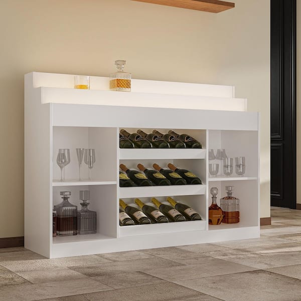 30-Bottle White Wine Cabinet with Stepped Shelves, 3-Color LED Lighting, Wine Racks & Glass Holders for Home Bar Storage