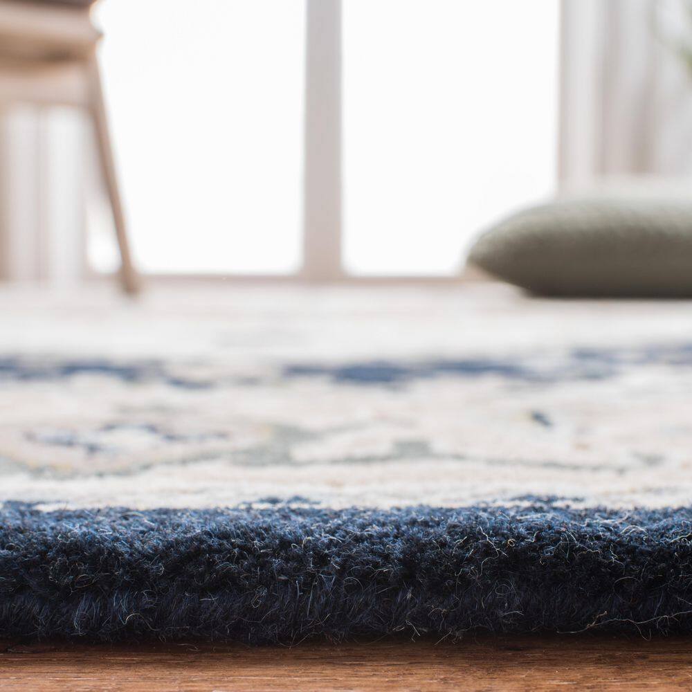 Beige and Navy Hand-Tufted Wool Square Area Rug 6' x 6'