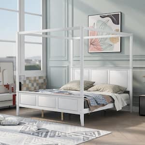 83.5 in. W White Wood Frame King Size Canopy Platform Bed with Headboard and Footboard and with Slat Support Leg