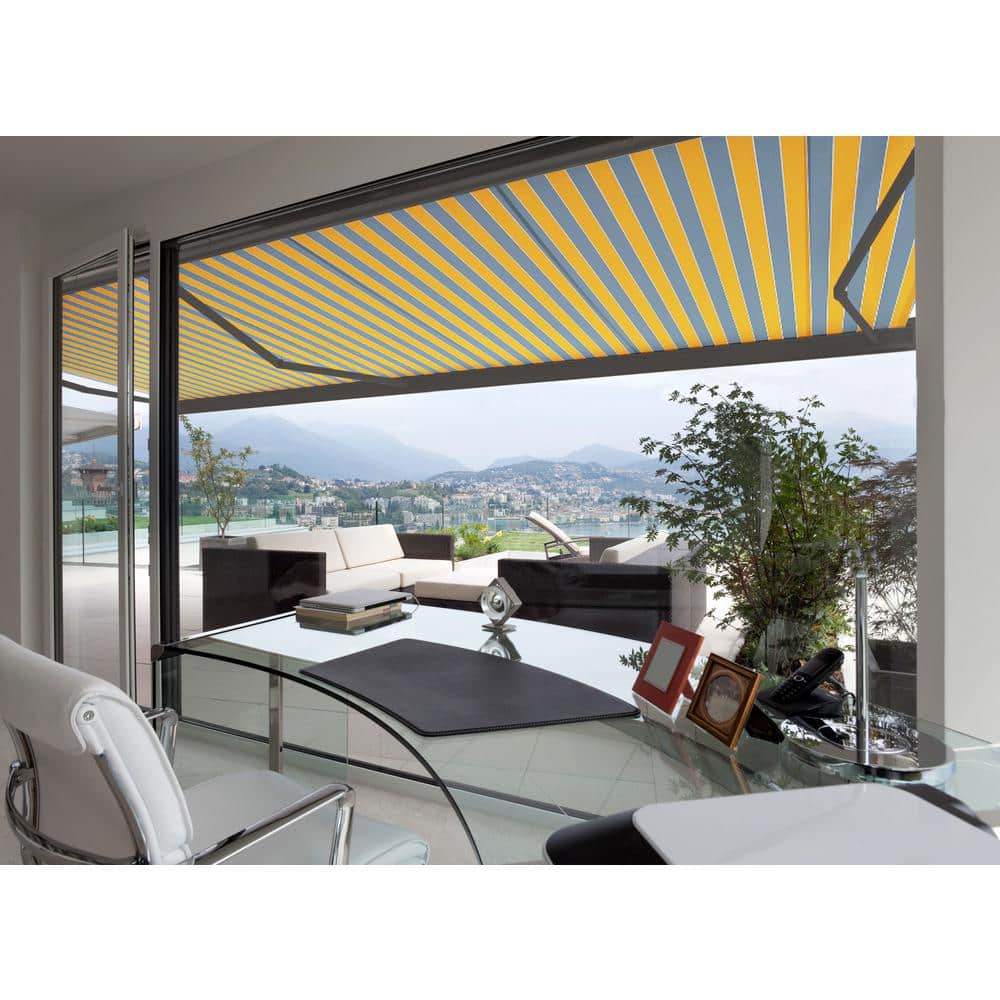 Golden Yellow and Gray Striped Electric Retractable Awning