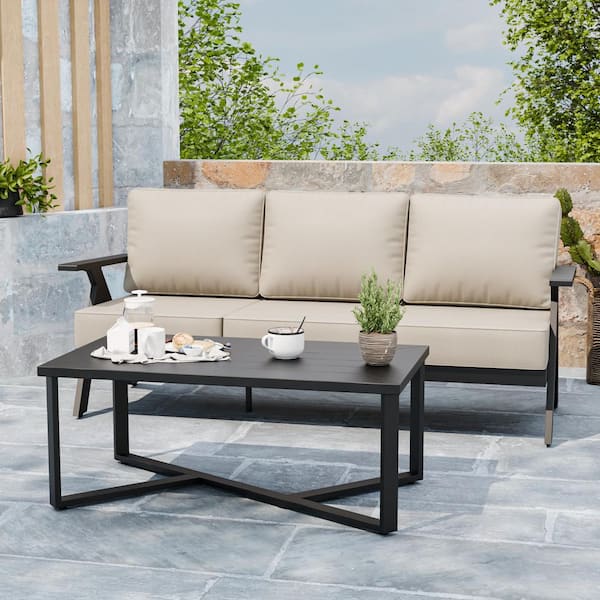 Modern 2-Piece Patio Set: Three-Seater Sofa with Coffee Table Black Steel with Weather-resistant Beige Cushions