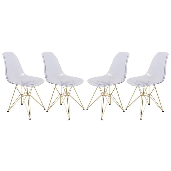 Leisuremod Cresco Modern Plastic Molded Dining Side Chair with Eiffel Gold Legs Clear (Set of 4)