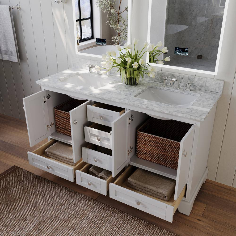 Audrey 60" White Wood Bathroom Vanity Set with Marble Top