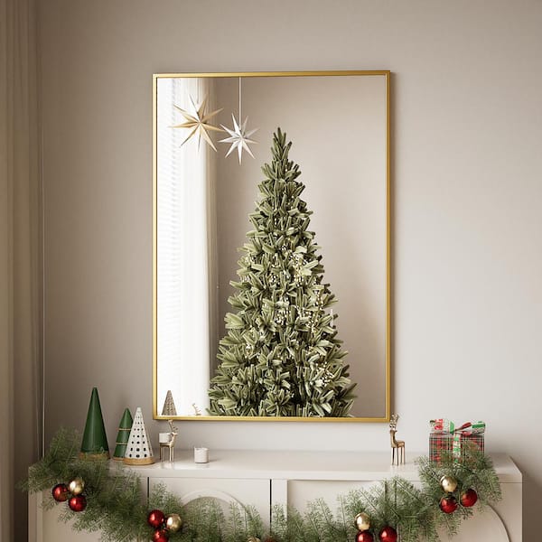 XRAMFY 26 in. W x 37.5 in. H Modern Rectangular Aluminum Framed Gold Wall Mirror