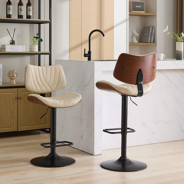 26 in. Beige Leather Walnut Bentwood Swivel Bar Stools Mid Century Modern Adjustable Height (Set of 2)