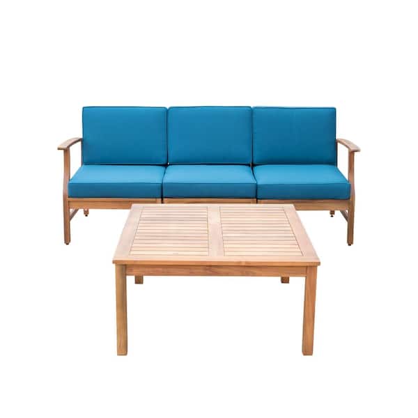 Giancarlo Teak 4-Piece Wood Outdoor Patio Conversation Set with Blue Cushions