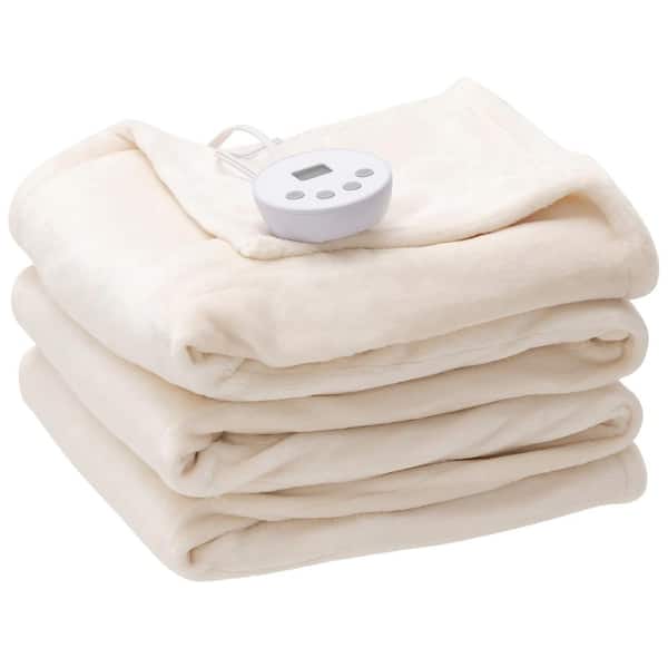 Costway Beige Flannel 62 in. x 84 in. Heated Electric Throw Blanket with 10 Heating Levels