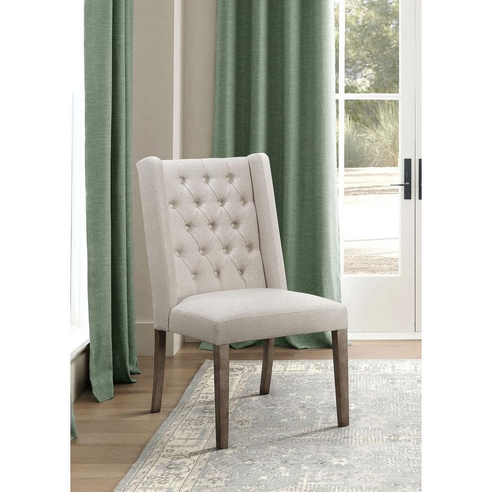 Beige Tufted Parsons Side Chair with Wood Accents, Set of 2