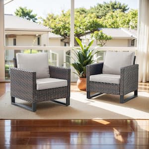 U-Weave Metal and Brown Wicker Outdoor Lounge Chair with Olefin Beige Cushions (2-Pack)