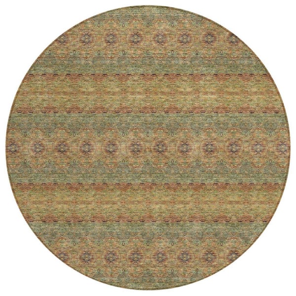 Artichoke Green, Olive Green 8 Round Woven Floral Medallion Polyester Round Indoor / Outdoor Area Rug