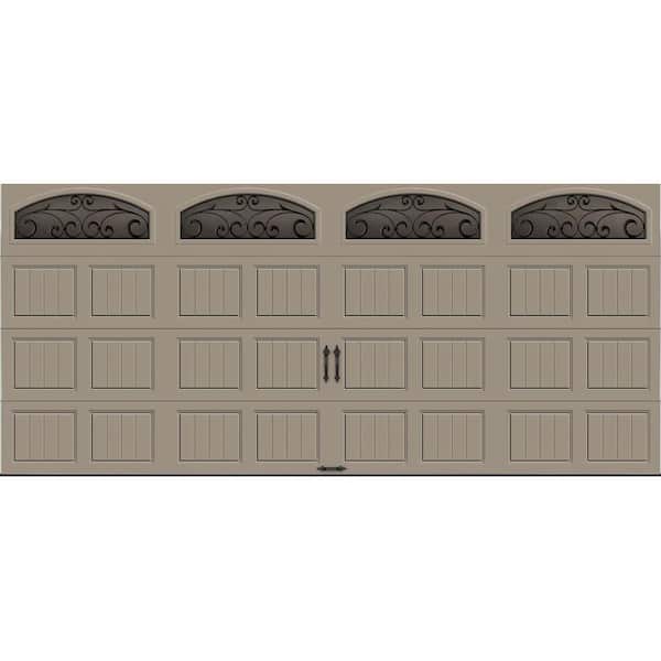 Clopay Gallery Collection 16 ft. x 7 ft. 18.4 R-Value Intellicore Insulated Sandtone Garage Door with Wrought Iron Window