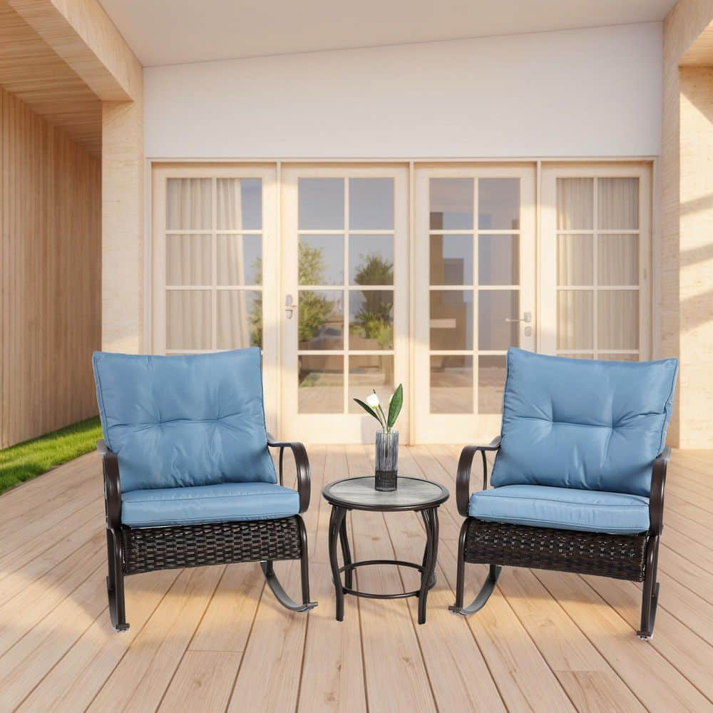 3-Piece Metal Outdoor Rocking Chair with Coffee Table and Blue Cushions for