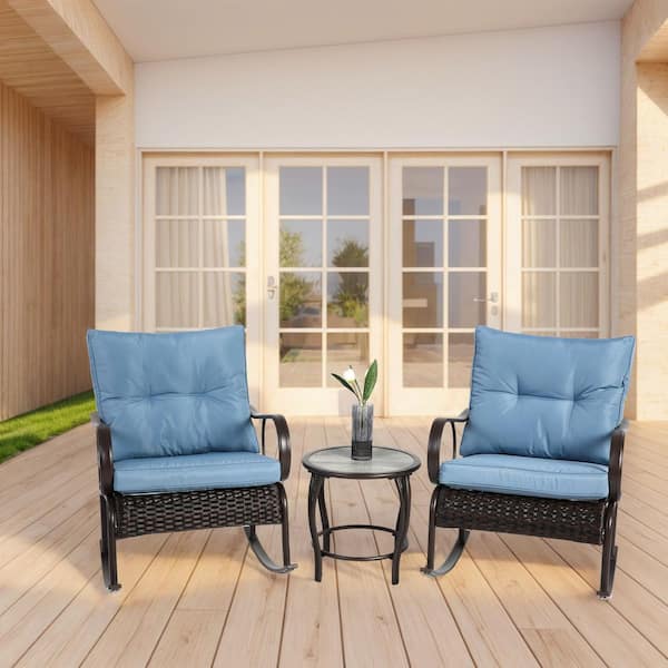 Unbranded 3-Piece Metal Outdoor Rocking Chair with Coffee Table and Blue Cushions for Garden, Balcony, Backyard, Poolside