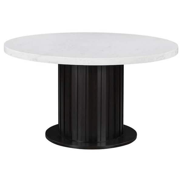 Benjara Shoy Brown and White Cultured Marble Round 54 in. Pedestal Base Dining Table Seats 3