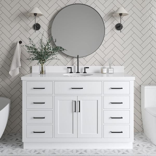 Hepburn 55 in. W x 22 in. D x 36 in. H Bath Vanity in White with White Pure Quartz Vanity Top with White Basin