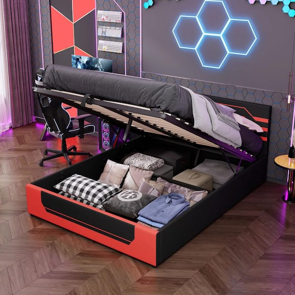 Polibi Black/Red Plywood Frame Queen Size Platform Bed with